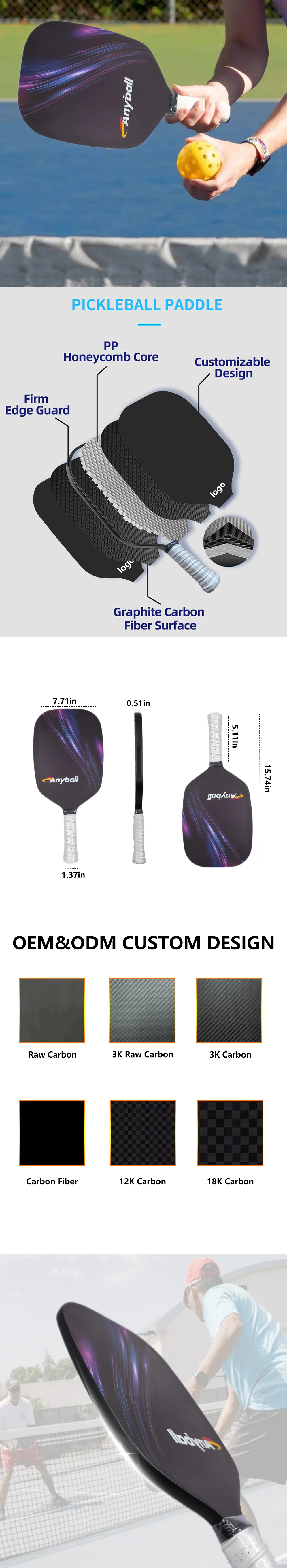 Anyball Brand PP-13mm Black Pickleball Paddle Carbon Fiber Thermoforming Training Racket supplier