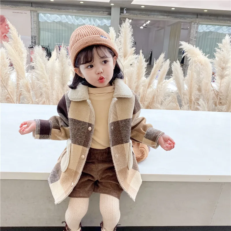 Клетчатая зимняя детская одежда на осень, пальто с длинным рукавом для девочек, куртка, Детская плюшевая теплая куртка для девочек