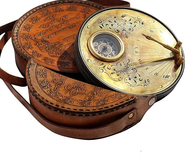 Details about   Brass Sundial Compass with Leather Box Nautical Brass Handmade Gift Item 