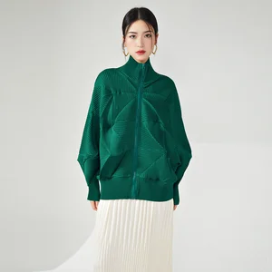 High Quality Miyake Pleated Jacket Cardigan Stretch Pleated Coat for Women Casual Style With Lapel Zipper for Autumn Winter