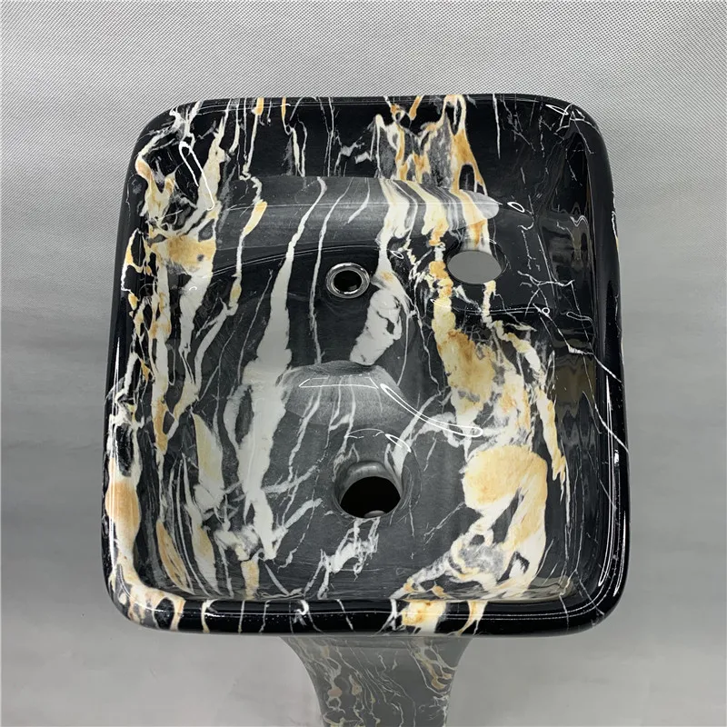 New Decal Black Marble Color Ceramic Small Size Pedestal Basin Bathroom Floor Standing Sink