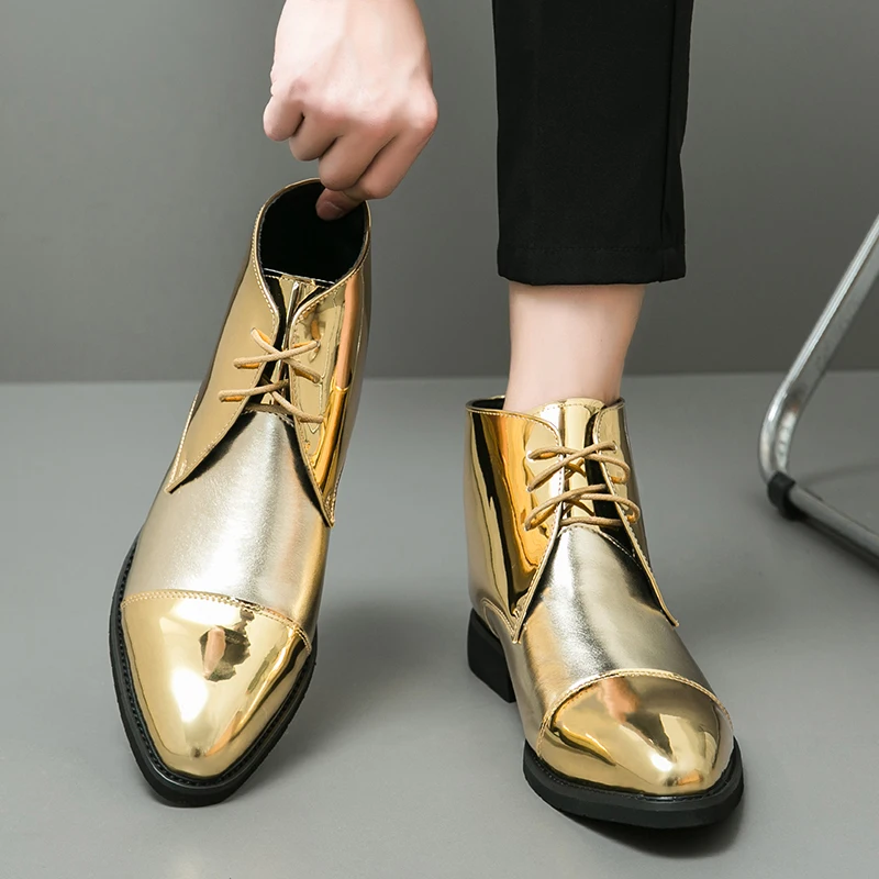 Pointy Toe Lace Up Golden Color Fashion Design Wedding Formal Patent Leather Men Boots