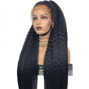 Long Size Yaki Style 28 30 Inch Kinky Straight Human Hair 13*6 Lace Frontal Wig Malaysian Human Hair Cuticle Aligned Lace Wig