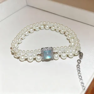 Elegant Multi Layer Pearl Bracelet Square Opal Zircon Accent Delicate Silver Plated Adjustable Fancy Jewellery for Ladies
