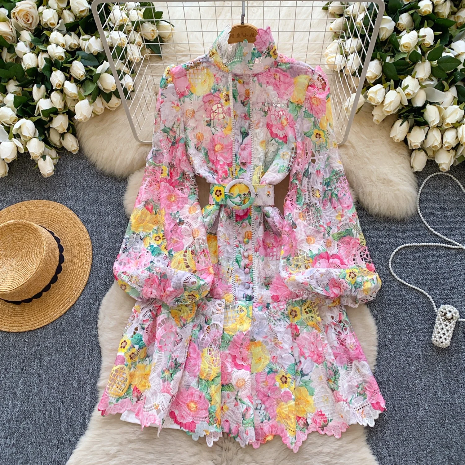 French Haute Couture Cutout Lace Dress Women'S Lantern Sleeve Ruffled  A-Line Dress