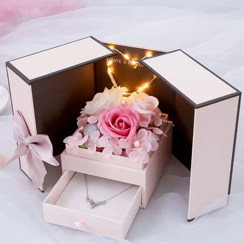 Luxury Gold Small Rose Flower Men Gift Set Ring Necklace Packaging Jewelry  Gift Box for Present