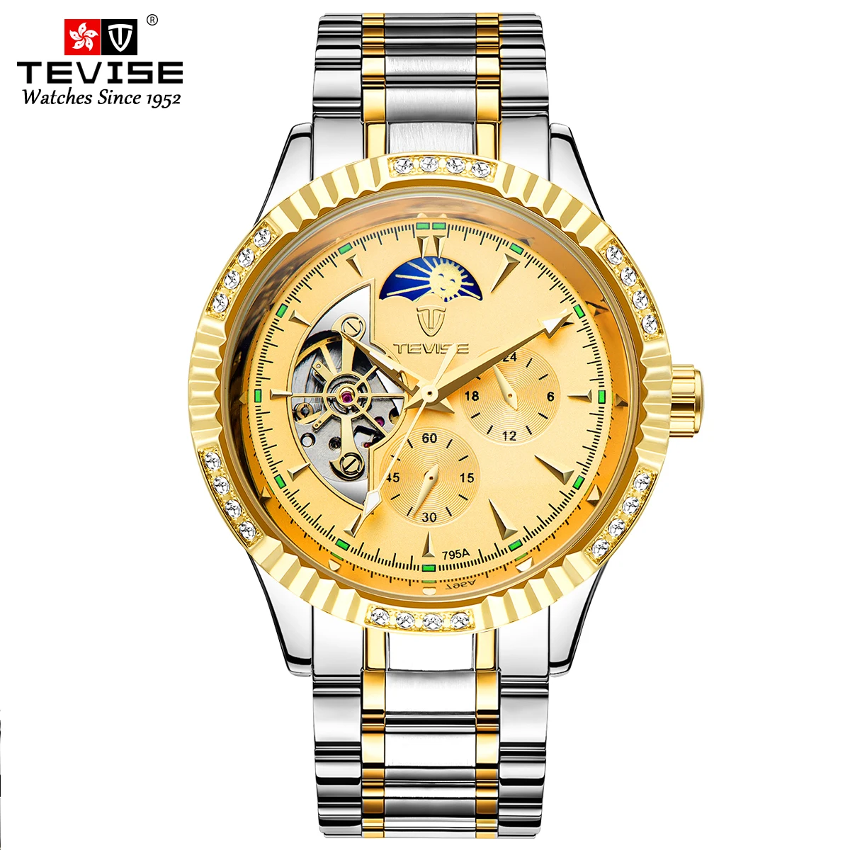 TEVISE 629F Moon Phase Automatic Mechanical Watch Multiple Time Zone 3 ATM Waterproof High Quality Watches for Men