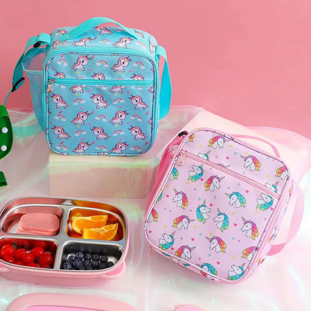 New Arrival Portable Cartoon Unicorn Kids Student Insulated Lunch Bento Bag with Side Mesh Pocket for School Picnic