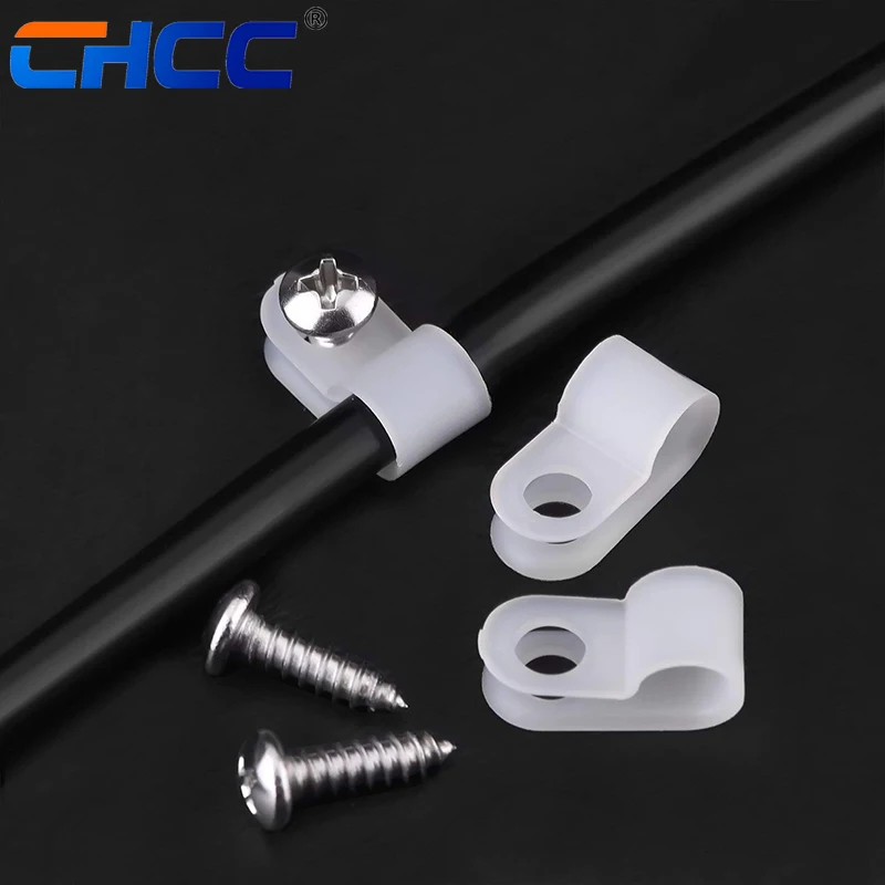 R-Shape Cable Clamp Reusable Nylon Cord Holder Wire Tie Clip Winder Mounting Organizer Wiring Accessories Black/White 100pcs/bag