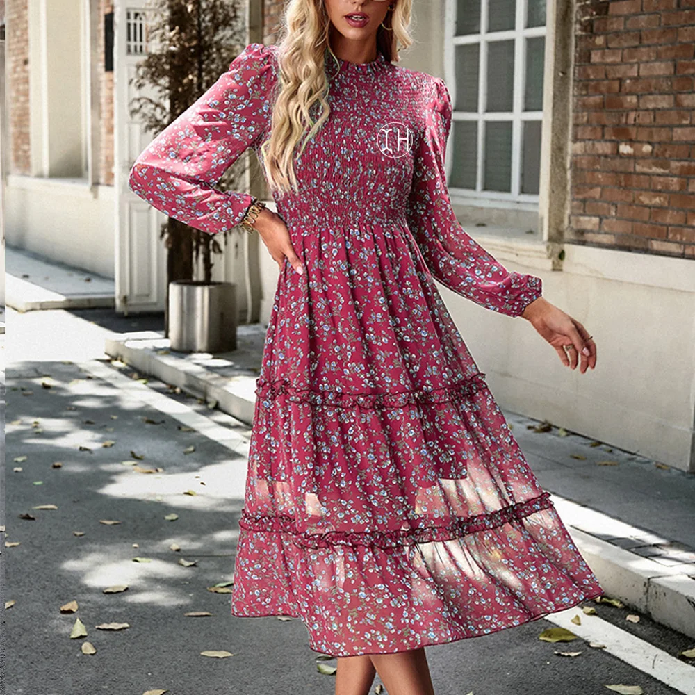 Custom Women's Fall Dress Floral Boho Dress Casual Long Sleeve Crew Neck  Ruffle A-Line Flowy Wedding Guest Maxi Chiffon Dresses