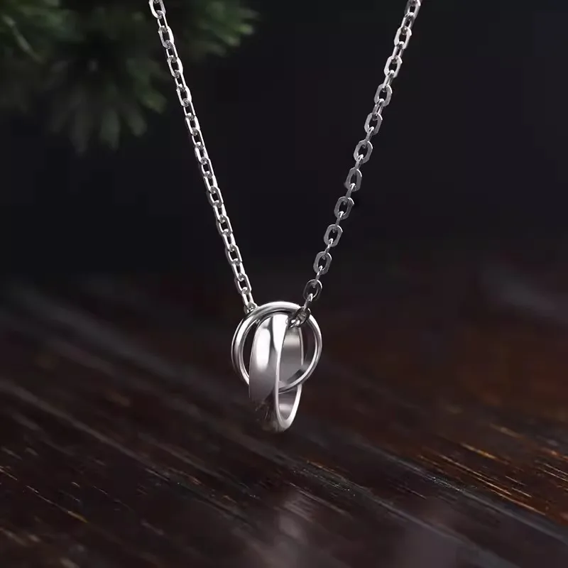 Platinum Plated Romantic Interlocking Double Ring Pendant