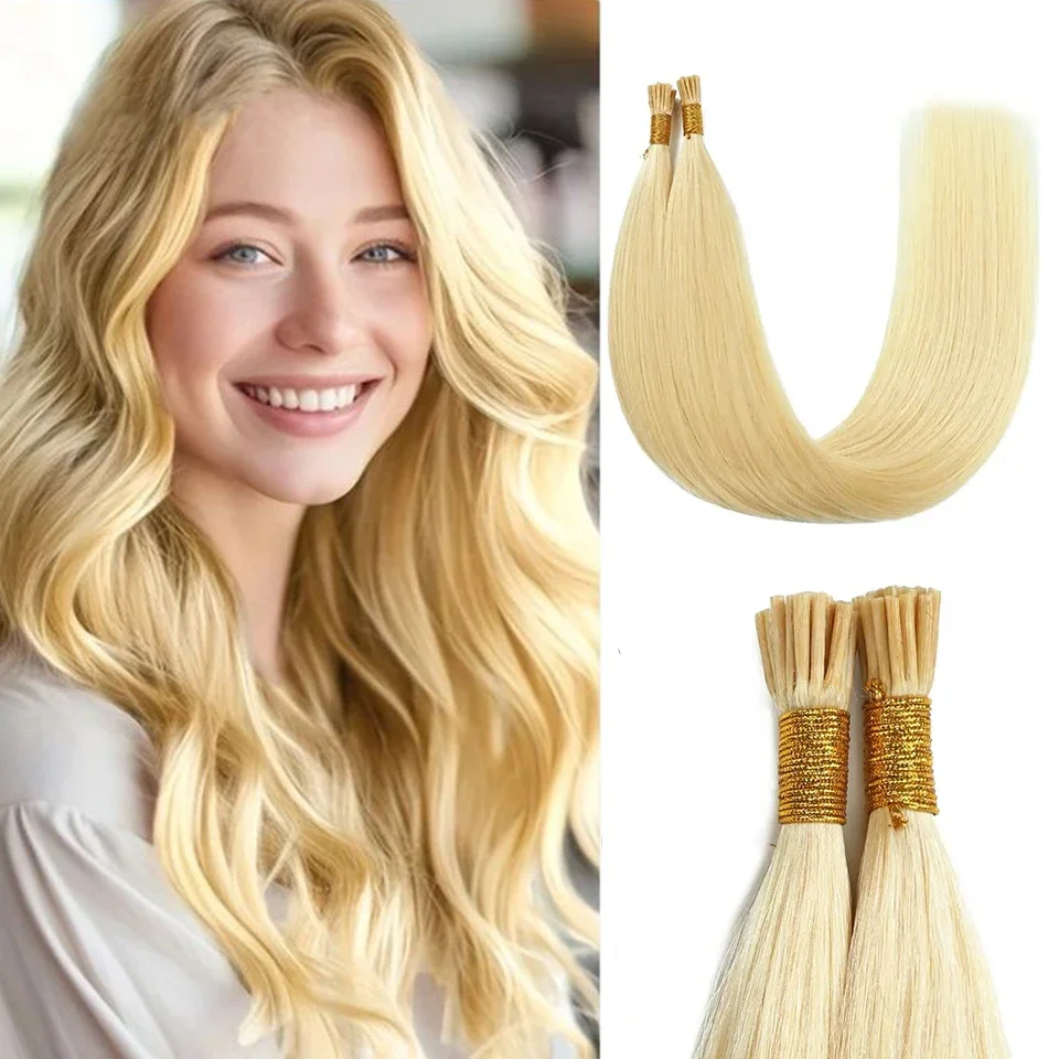 I Tip Hair Extensions Straight 100% Human Hair Bleach Blonde Remy Hair Bundles 50 Grams/Pack_voghion.com
