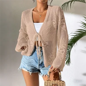 Women's Casual Summer V-Neck Cardigan Thin Hollow-Out Beach Knitted Sweater Geometric Pattern Short Back for American Europeans