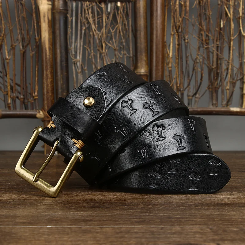 Vintage Korean Version Machine Pressed Pattern Italian Plant Tanned Male Leather Pure Cowhide Copper Buckle Belt Wholesale