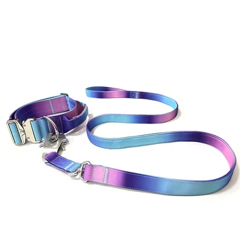 Adjustable Metal Buckle Soft Neoprene Padded Gradient Colorful Tactical Dog Collar and Leash Set