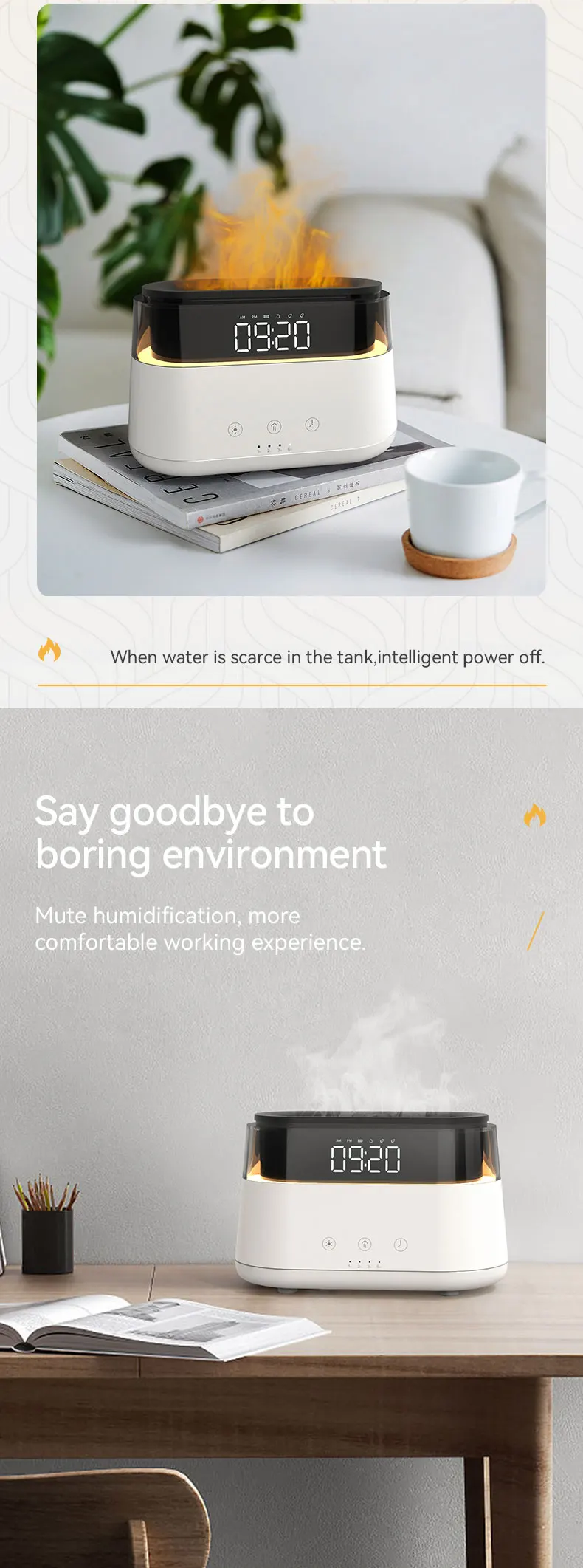 New Design Led Alarm Clock Essential Oil Diffuser Simulation Flame