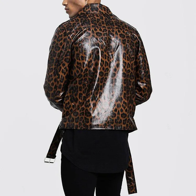 2021 new men's fashion leopard print artificial leather motorcycle jacket men's casual leopard print PU jacket