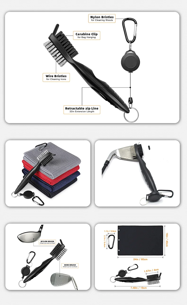 Golf Accessories Cleaning Kit Gift Set Microfiber Waffle Golf Towels Nylon Club Brush Golf Divot