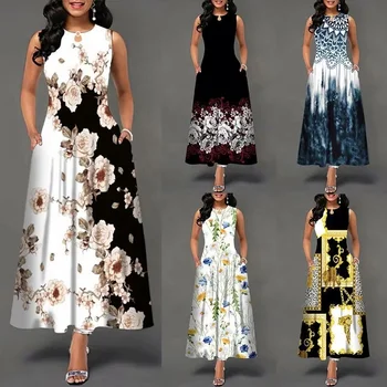 Wholesale hot selling high quality printed dress Summer Ladies long skirt pocket casual dress ladies fashion long dress