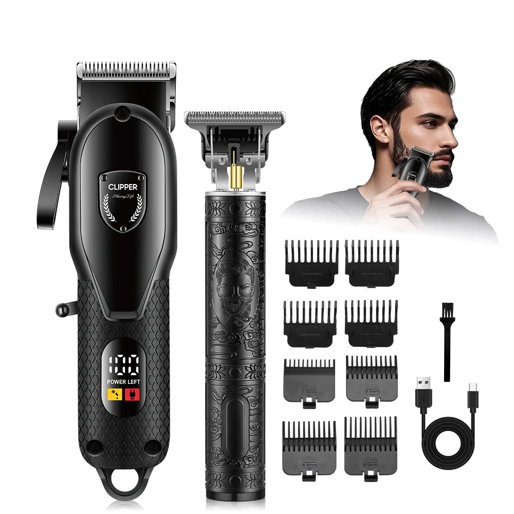 Professional Rechargeable Electric Beard Trimmer for Men Stainless Steel Adjustable Lengths LCD Display English Operation