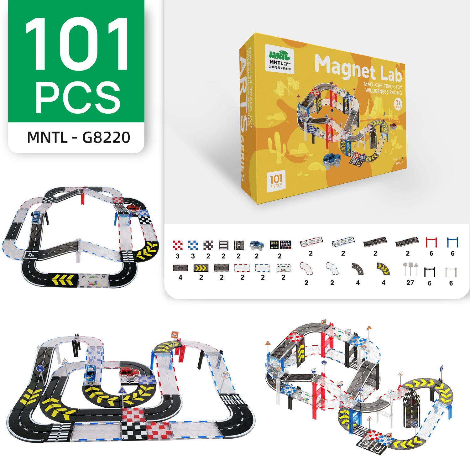 MNTL Magnetic Building Blocks Race Track 101pcs UV Printing Adventure Car Racing Track Toys for Kids