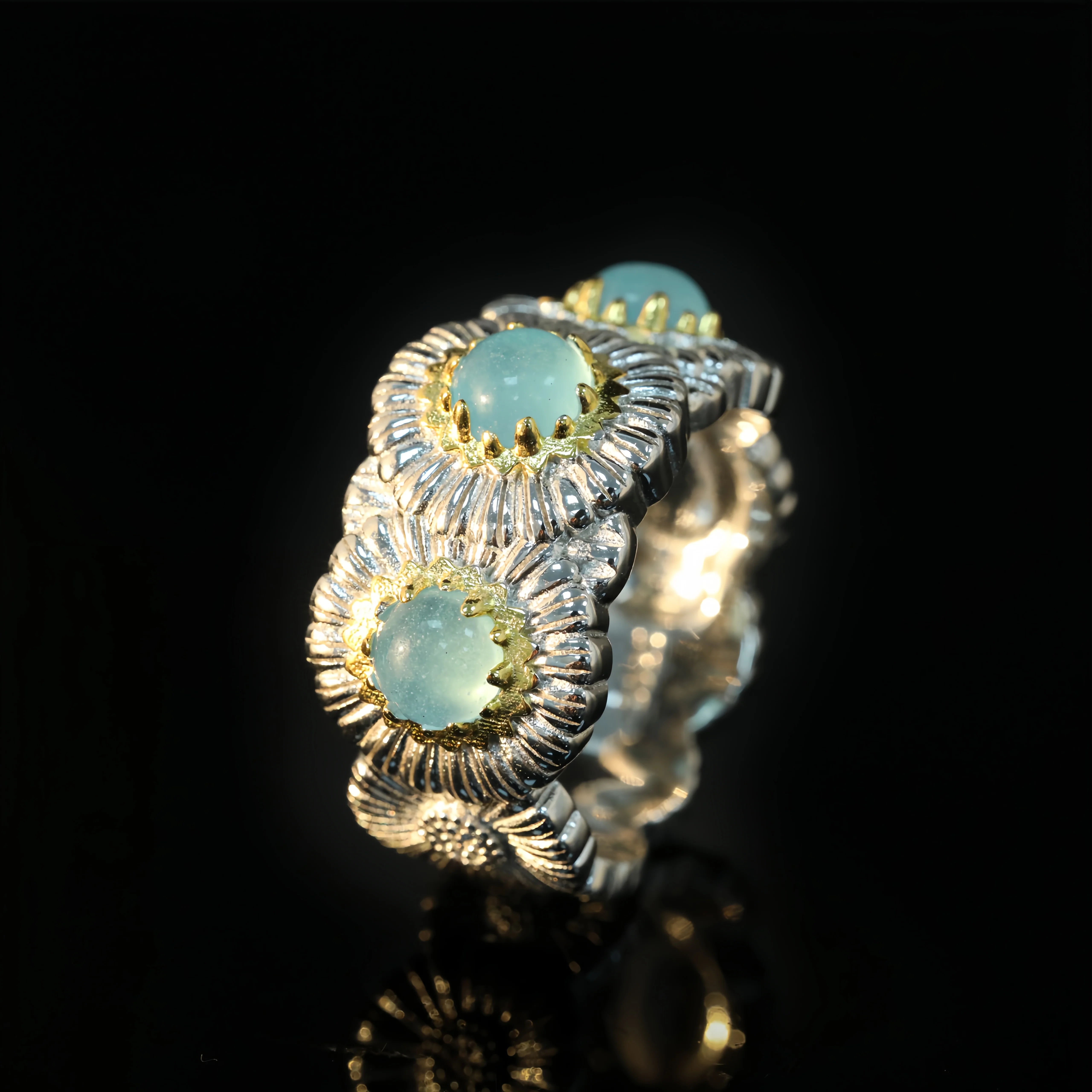 MUSHAN Jewelry Factory Women 925 Sterling Silver Daisy Ring with Blue Agate Opal Fine Jewelry Flower Rings for Anniversaries