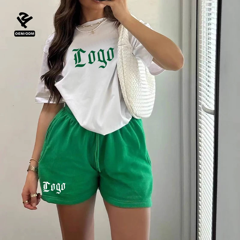 F5068 Custom White T-Shirt Green Shorts Set With Logo Design