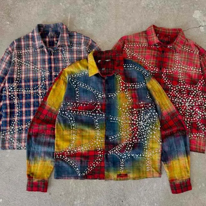Salati Manufacturer Button up Polyester Acid Wash Vintage Check Plaid Flannel Shirt Rhinestone Print Long Sleeve T-shirt for Men gallery 3