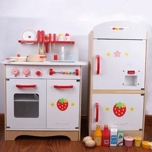 Kids Wooden Play Kitchen Set with Refrigerator Strawberry Design Pretend House Role Play for Boys and Girls Fun Educational Toys