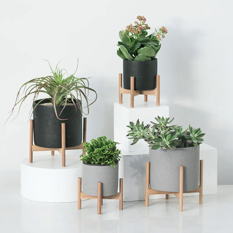 Mid-century Modern Beton-blumentopf Innendekoration Zement-blumentöpfe Pflanzgefäß Mit Bambusständer
