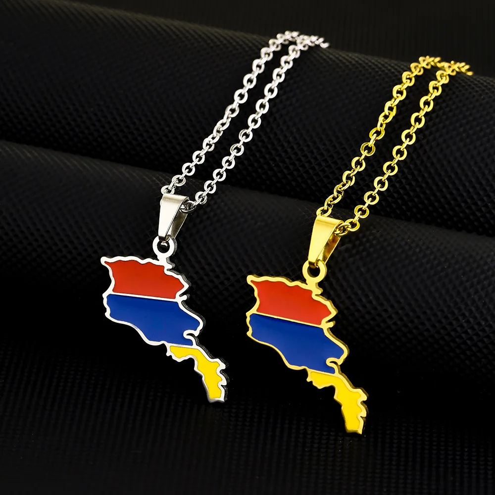 Manufacturer Stainless Steel Enamel Armenia Flag Charm Necklace 18K Gold Plated Enameled Armenian Map Pendant Chain Necklace