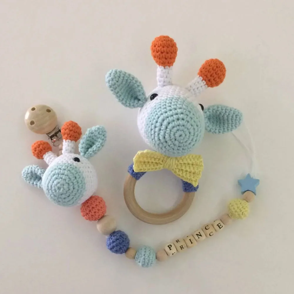 Handmade Giraffe Crochet Amigurumi Teether,Rattle,Pacifier Set Baby