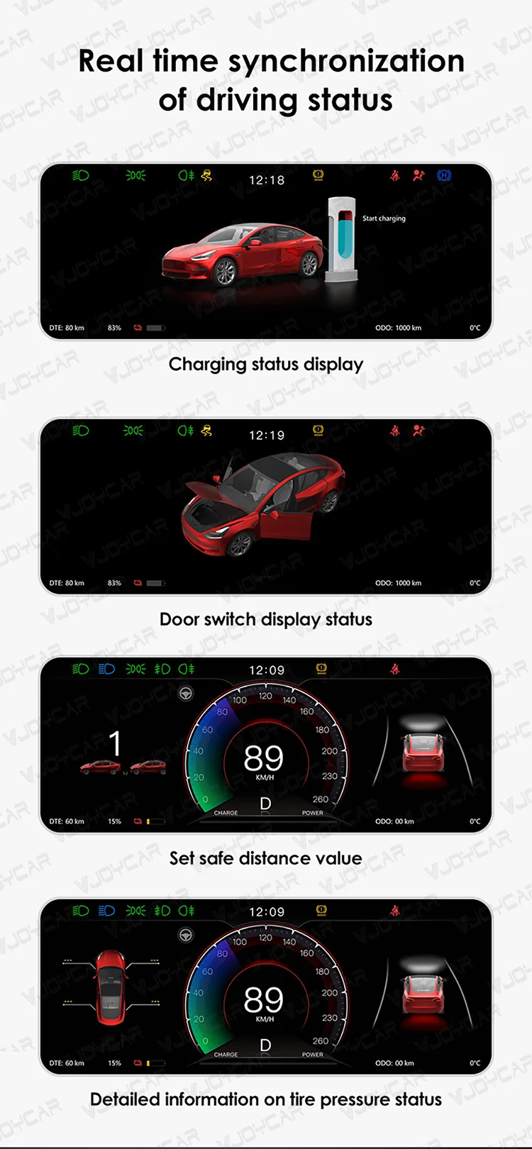 Vjoycar for Tesla Model 3 Y Highland CarPlay Dash Display 8.9 inch IPS Screen with Front View Camera Linux System for Tesla 2024