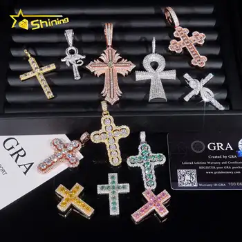 Hot New Design Colorful Moissnaite Cross 925 Sterling Silver Gold Plated Iced Out GRA Moissanite Pass Diamond Tester Charms