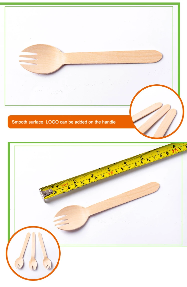 Bulk Customized LOGO Birch Wooden Serving Biodegradable Disposable Spoon Fork Sporks