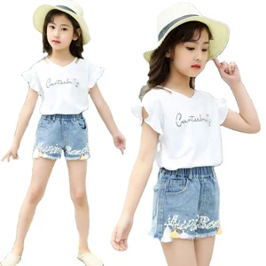 2021 Summer Flower Print Short Sleeve Shirt 2PCS Suit Jeans Shorts Beautiful Sports Outfit Kids Big Girls Clothes