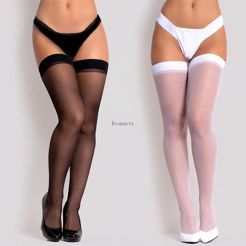 Женские высокие носки до колена в рубчик пикантные Прозрачные шелковые чулки с манжетами женские бедра черные и белые