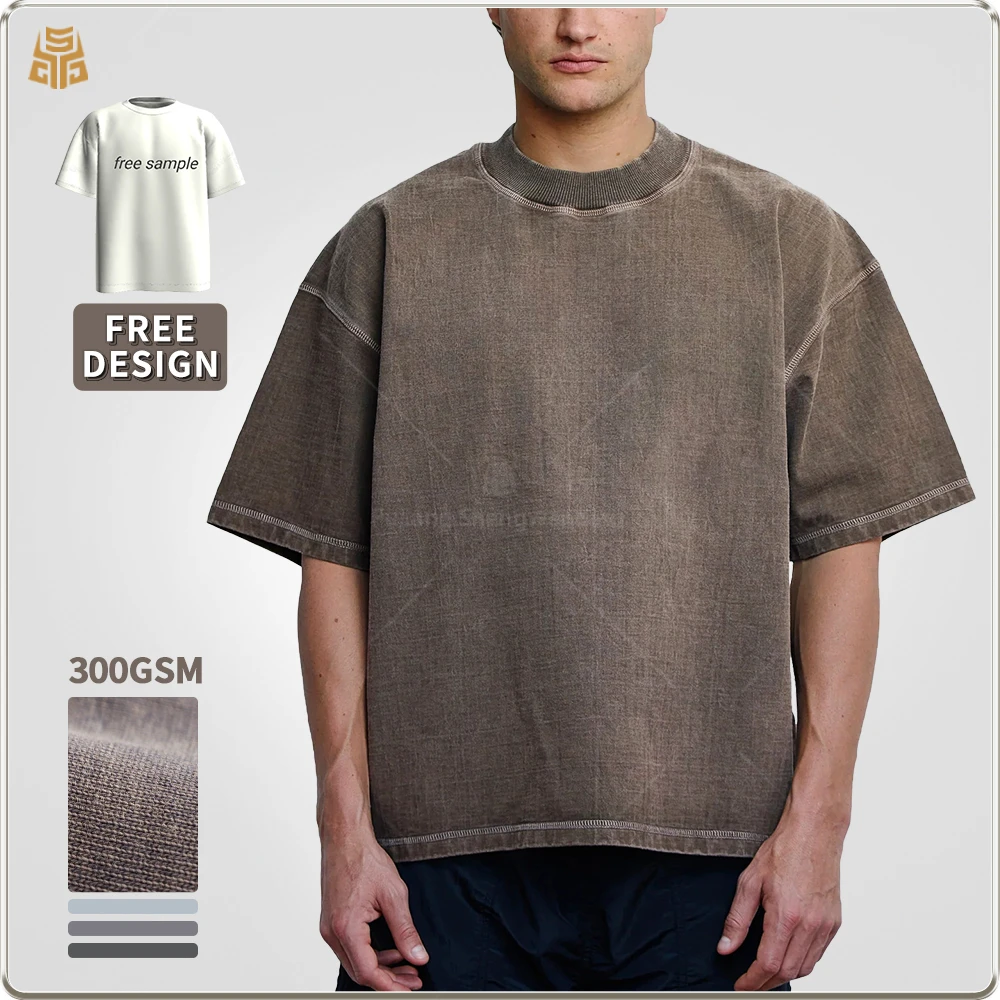 Camiseta de alta calidad 100% algodón cortada en cuadro para hombre, 300 gsm, diseño personalizado oversize con lavado ácido, camisetas de alta calidad para hombre