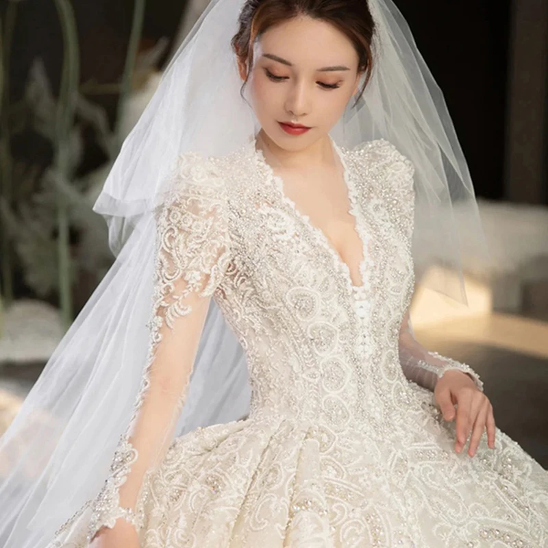 J66856 Jancember Crystal Mermaid Wedding Dress 2021 Long Sleeve Plus Size Bridal Gowns Appliques Lace Up Back
