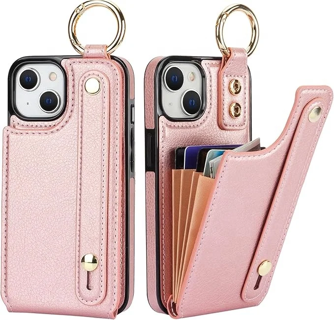 Laudtec Wallet Phone Case for iPhone 15 pro max Wrist Strap Loop Holder Kickstand Blocking Finger Grip Ring Double Buttons Case