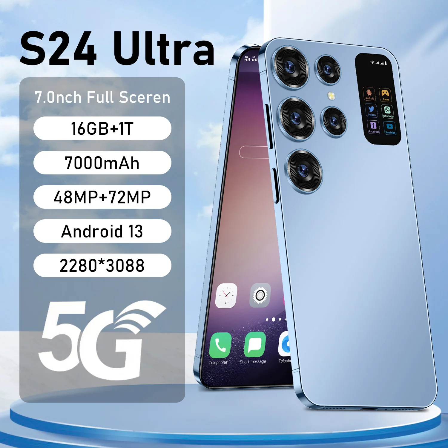 Smartphone S24 Ultra 5G Débloqué - 256 Go, 6800mAh, Android 14, 7 Pouces, Double SIM, Neuf