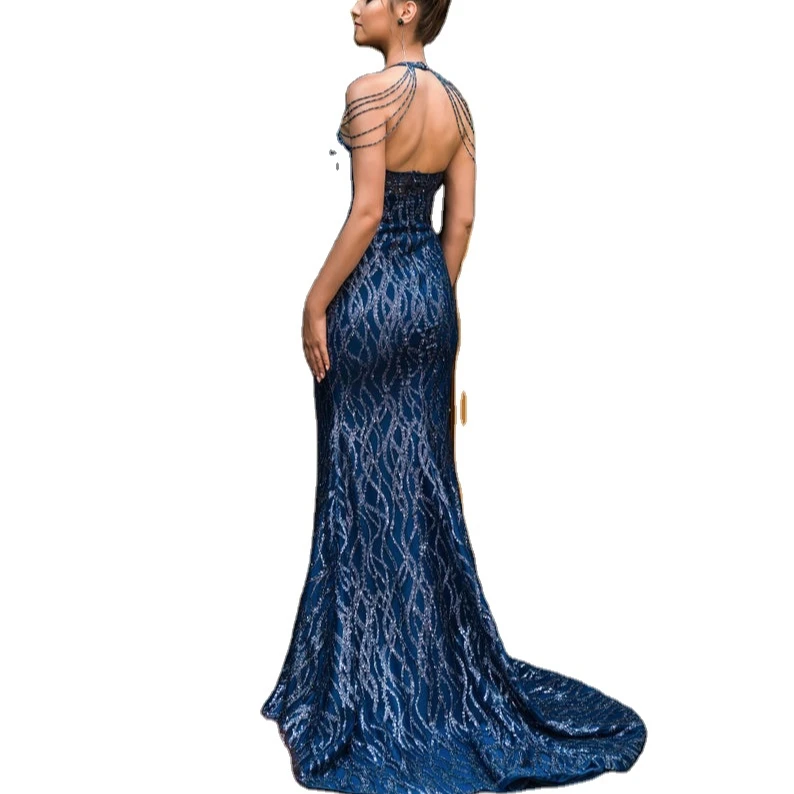 46w Fashionable Formal Evening Dress New Product Sleeveless Halterneck Slim  Fit Sheath Sequined Prom Dresses
