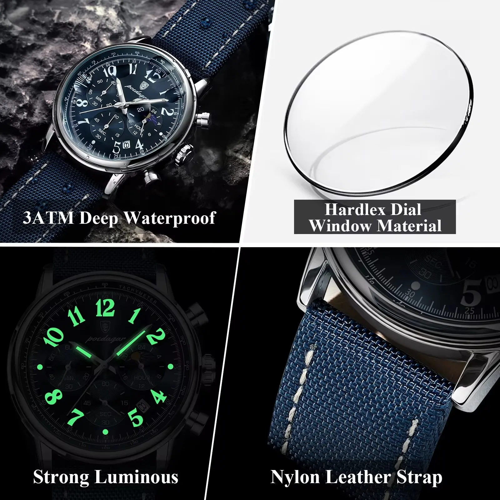 Luxury Silver Blue Quartz Chronograph Watch for Men