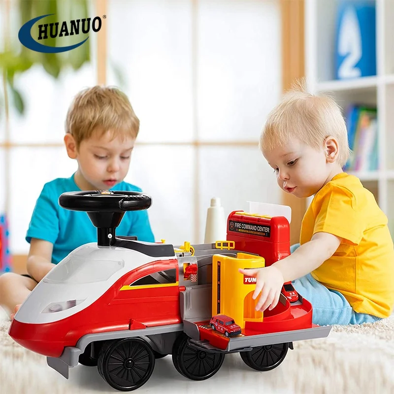 2in1 Electric Rail Train Fire Fighting Car Adventure Track Toys Set Deformation Child Ride on Toy Cars for Kids
