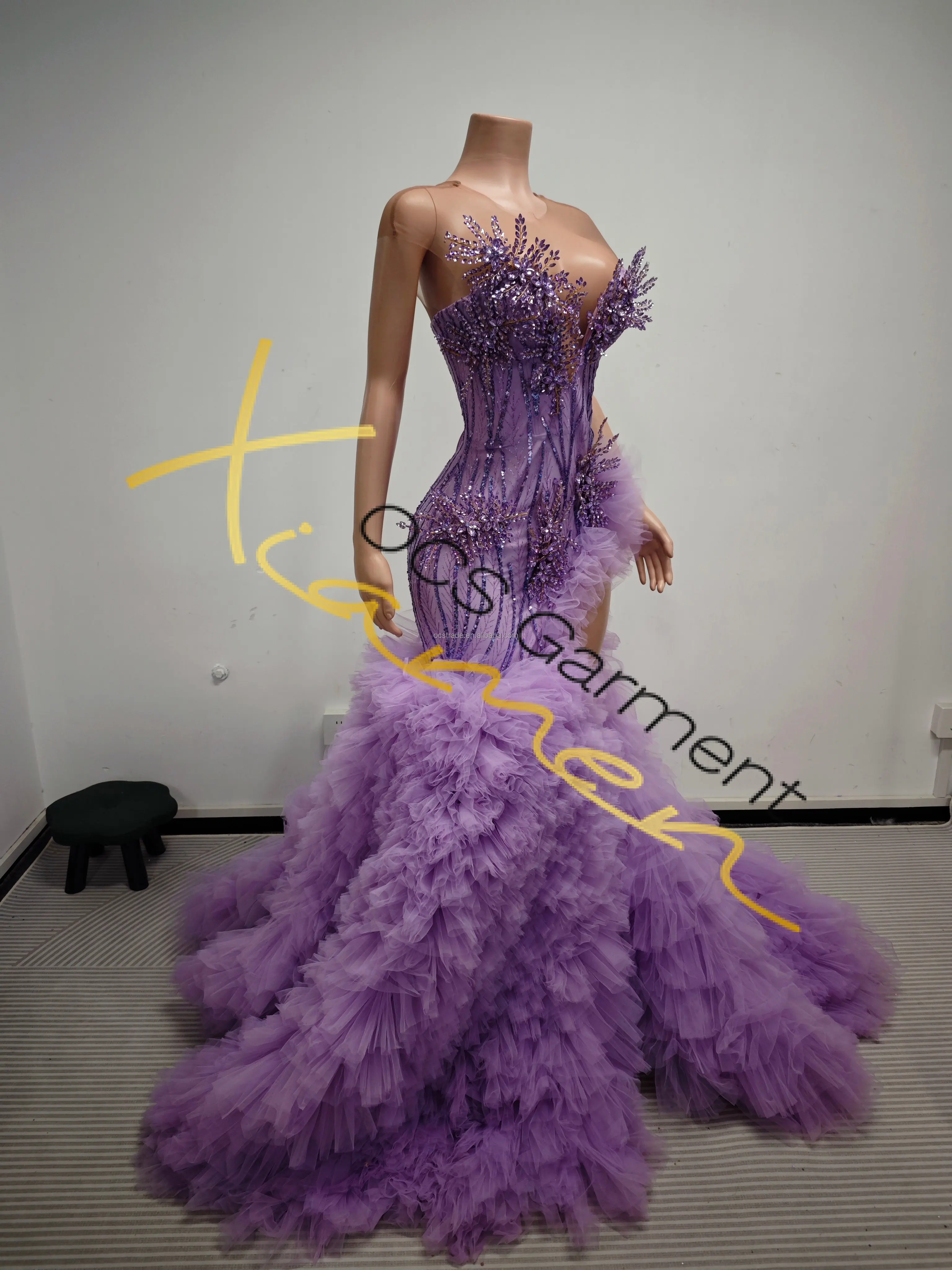 fitted lace wedding dress Luxury Purple A-line Spaghetti Strap Ruffle Tulle Elegant Long Prom Dr –  SposaBridal