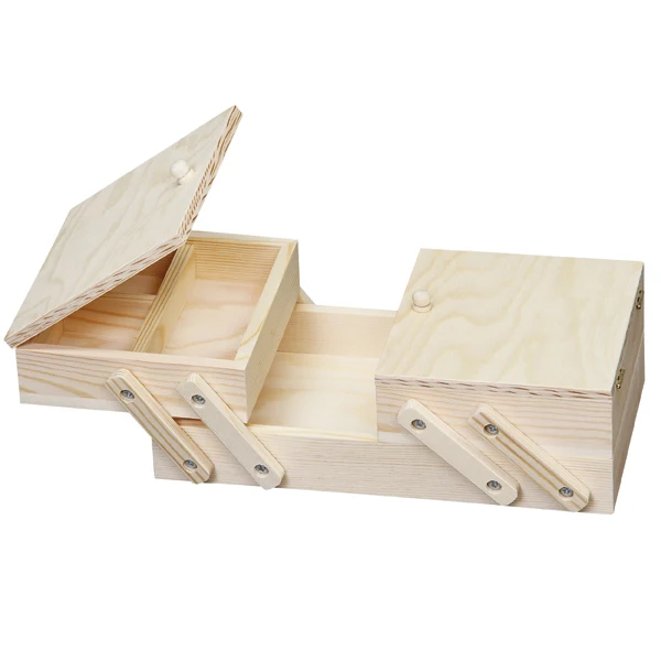 Wooden Factory Unfinished Pine Wooden Folding Sewing Box In Packaging