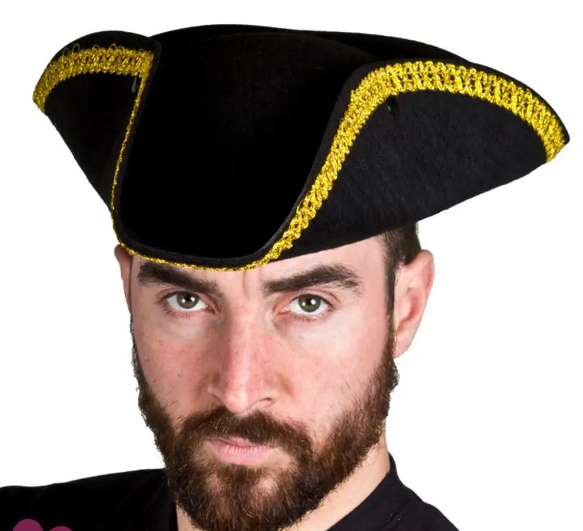 MASQUERADE FANCY DRESS PIRATE PARTY TRICORN BLACK FELT HAT WITH GOLD BRAID NEW 