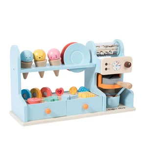 Wooden Ice Cream Shop Pretend Play Set with Coffee Machine and Sweet Treats for Kids Educational Role Play Toy