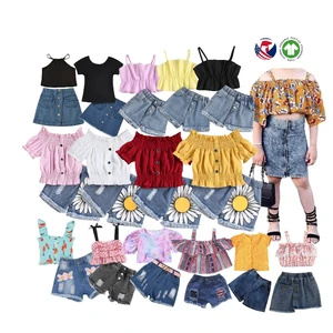 New Summer Baby Clothes Cotton Knitted Black Top Button Denim Skirt Girls Clothing Sets