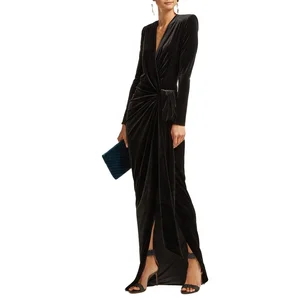 Customize OUDINA High End Modest Velvet Plain Dyed Deep V Neck Elegant Empire Straight Maxi Evening Gown Party Women Dress